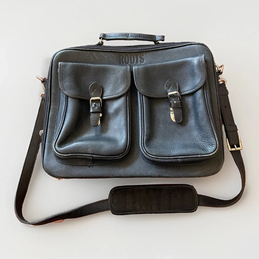 ROOTS Vintage Black Leather Canada Messenger Briefcase Sling Silver Buckles